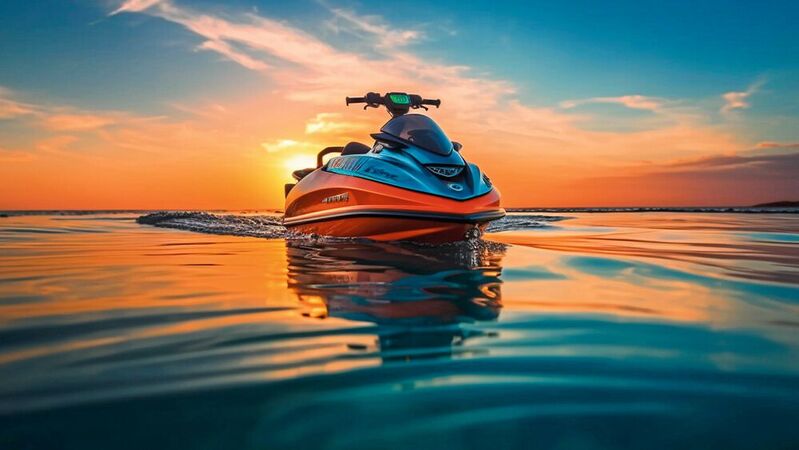 A jet ski from JetSkiGTA speeding across Lake Ontario near Scarborough with life jacket-equipped rider enjoying scenic Toronto views.