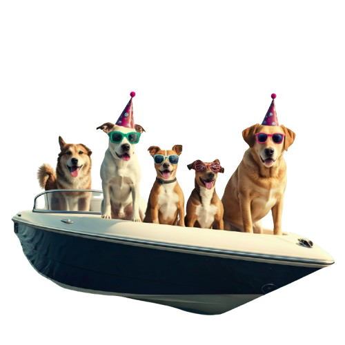 A group of dogs in festive attire driving a speed boat on a sunny day in Toronto. This image is perfect for a jet ski and boat rental business in Toronto.