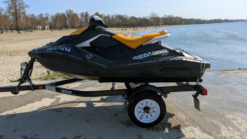 Sea-Doo Spark jet ski ready for rental at Bluffer’s Park Beach in Scarborough, Toronto