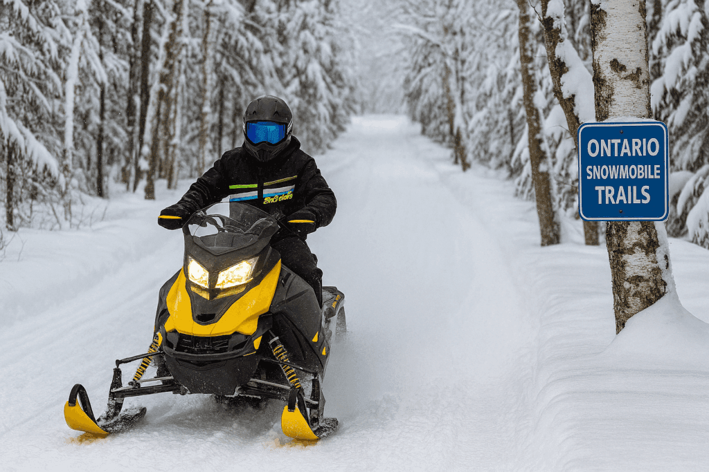 a rider on snowmobile rental in ontario trails