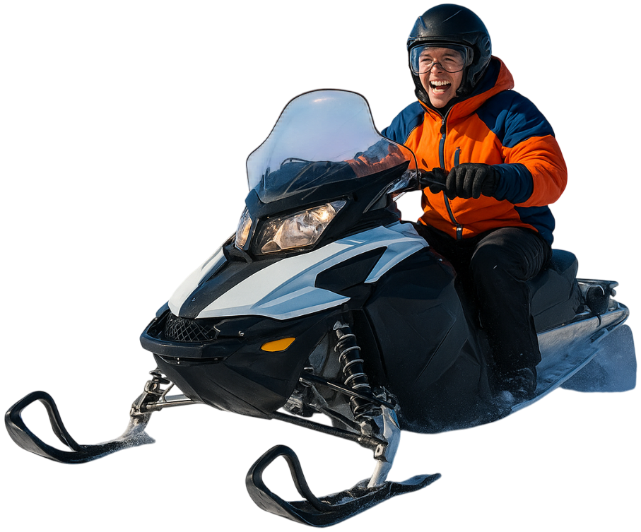 Group of friends on a guided snowmobile rental tour in Ontario.