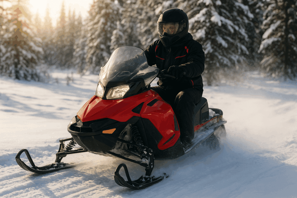 Rider speeding on an open snowmobile trail in Ontario.