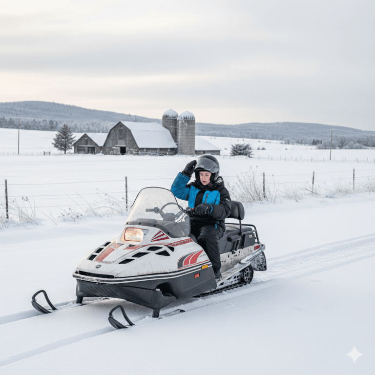 “Beginner snowmobiler riding on a snowy Ontario trail with full winter gear”