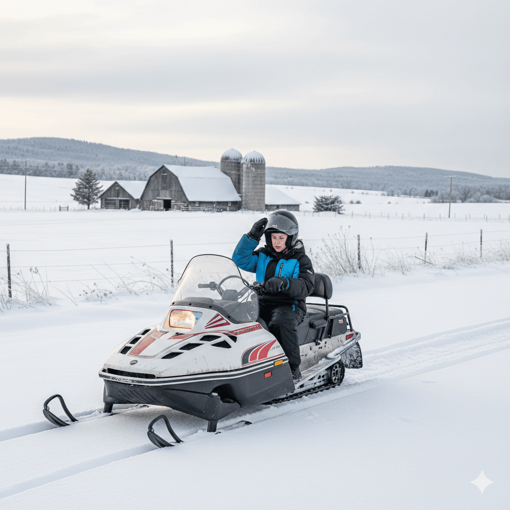 “Beginner snowmobiler riding on a snowy Ontario trail with full winter gear”