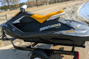 Jet Ski Rental in Toronto – Sea-Doo Spark at Bluffer’s Park Sea-Doo Spark jet ski parked on trailer at Bluffer’s Park Beach in Toronto