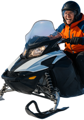 Group of friends on a guided snowmobile rental tour in Ontario.