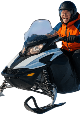 Group of friends on a guided snowmobile rental tour in Ontario.